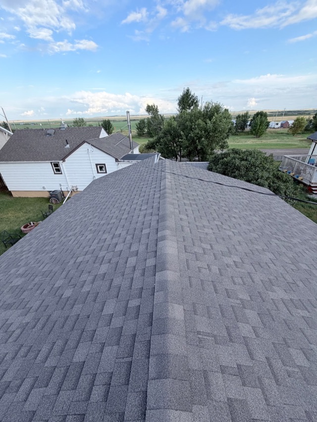 Shingle roof, neighbouring rooftops beyond