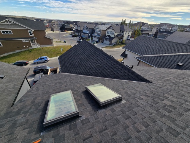 Shingle roof with a skylight, houses along the street